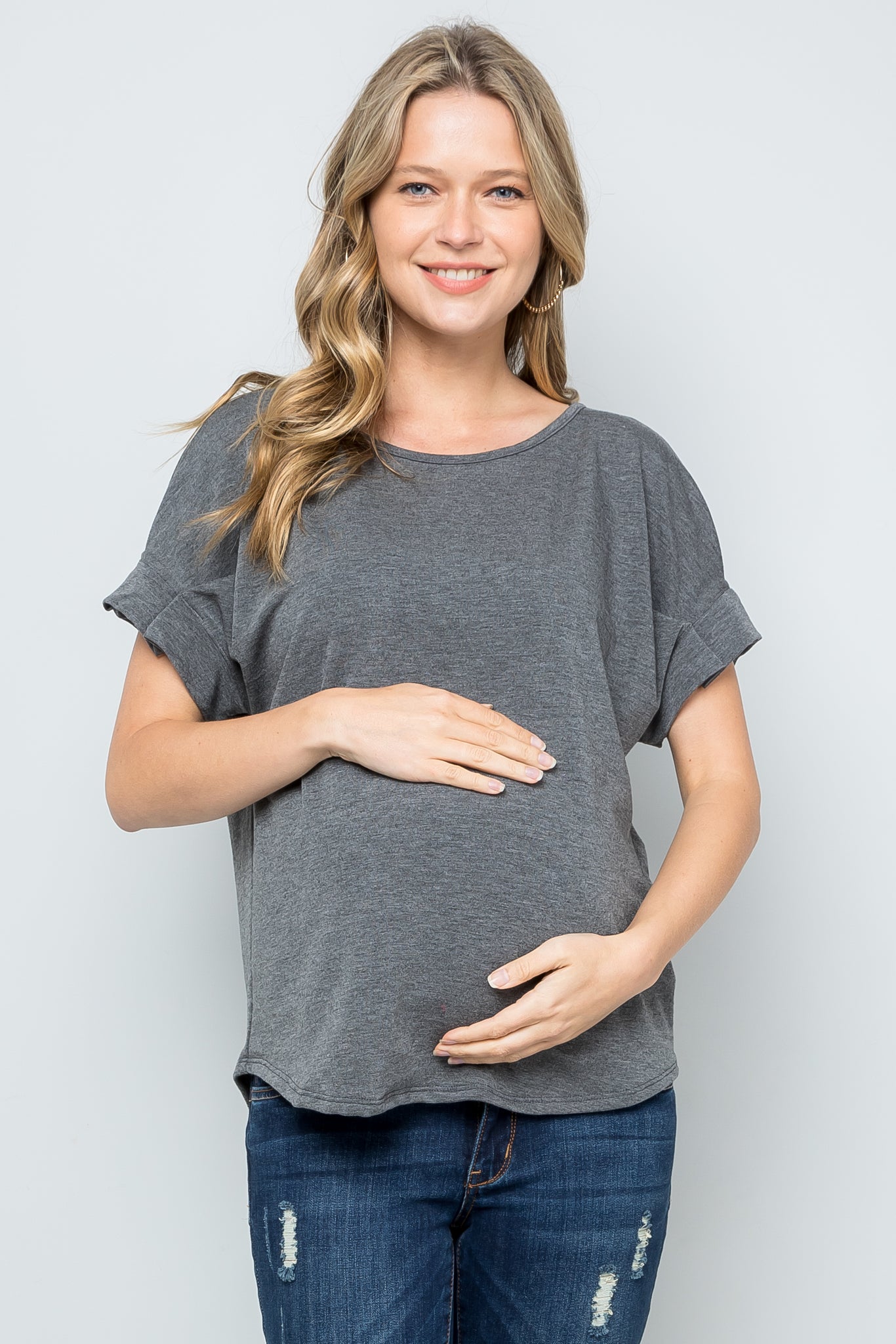 maternity pregnancy baby shower short sleeve round neck crewneck oversized top shirt blouse